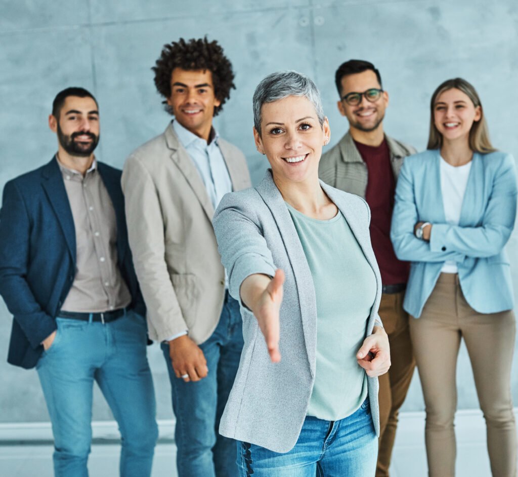 young business people meeting office handshake hand shake shaking hands teamwork group contract agreement black happy smiling success partnership introduction greeting businesswoam portrait